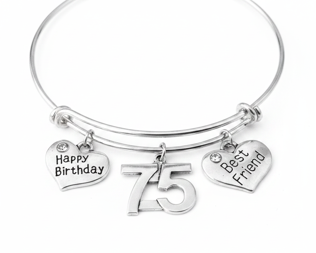 Silver expandable bangle bracelet with Happy Birthday heart charm, silver 75 number charm, and Best Friend heart charm, each attached with a jump ring — handmade by Jules Obsession