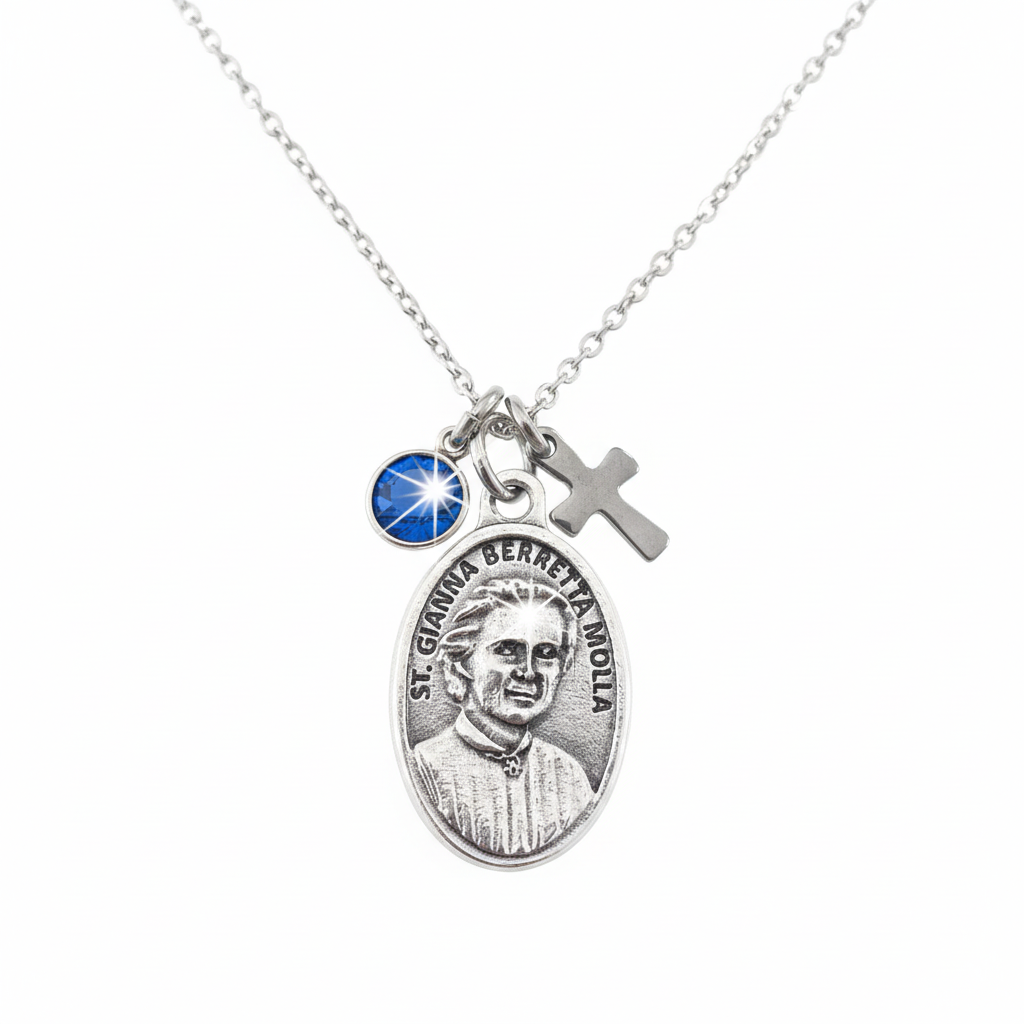 St Gianna necklace with sparkling birthstone charm and silver cross
