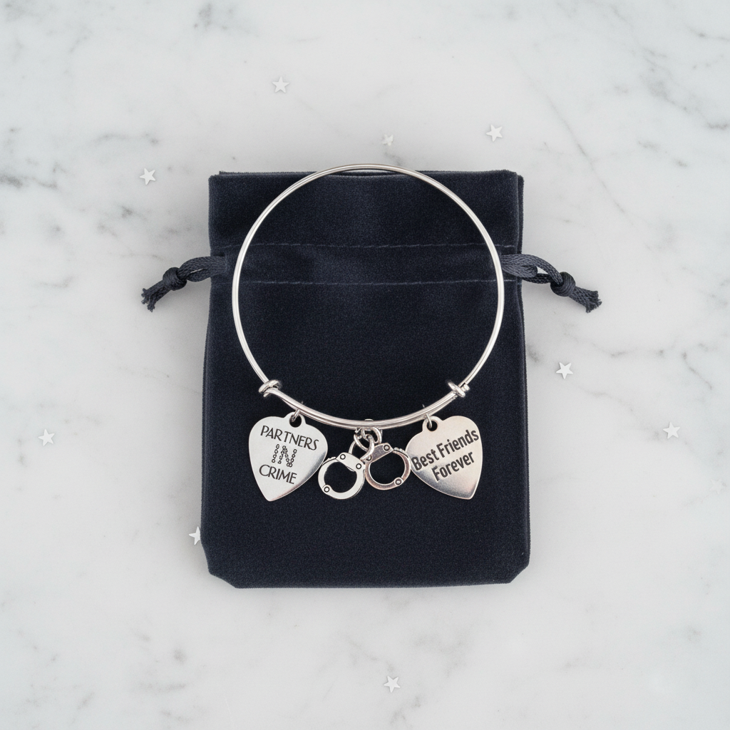 Partners in Crime BFF charm bangle bracelet gift-ready in dark velvet jewelry pouch – best friend gift by Jules Obsession