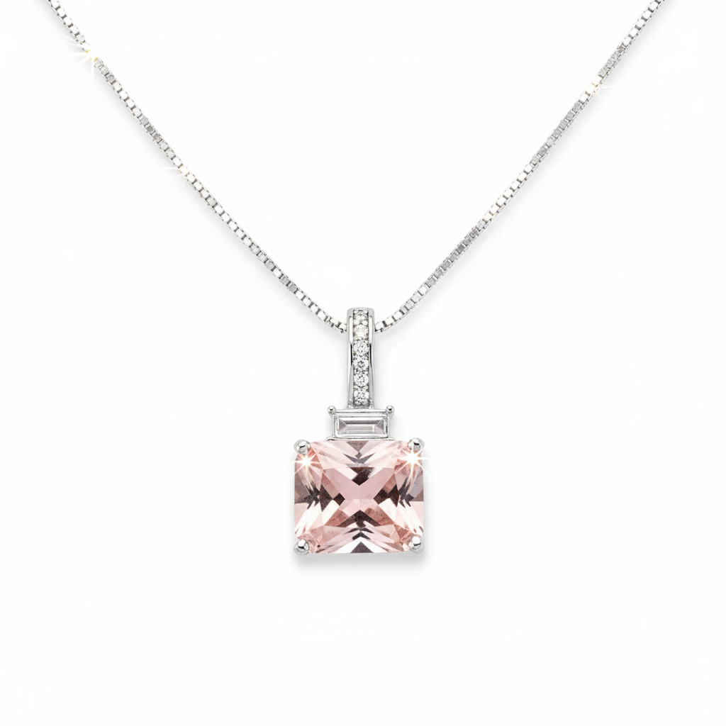 Pink morganite pendant necklace in sterling silver with cushion cut gemstone and diamond accents, Valentine's Day gift for women