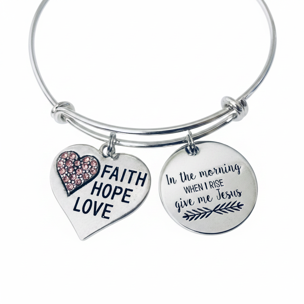 Silver expandable charm bangle bracelet with Faith Hope Love engraved heart charm with pink crystal accent and In the Morning When I Rise Give Me Jesus engraved disc charm, handcrafted by Jules Obsession