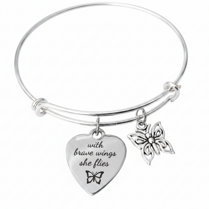 Silver expandable bangle bracelet with engraved heart charm reading &