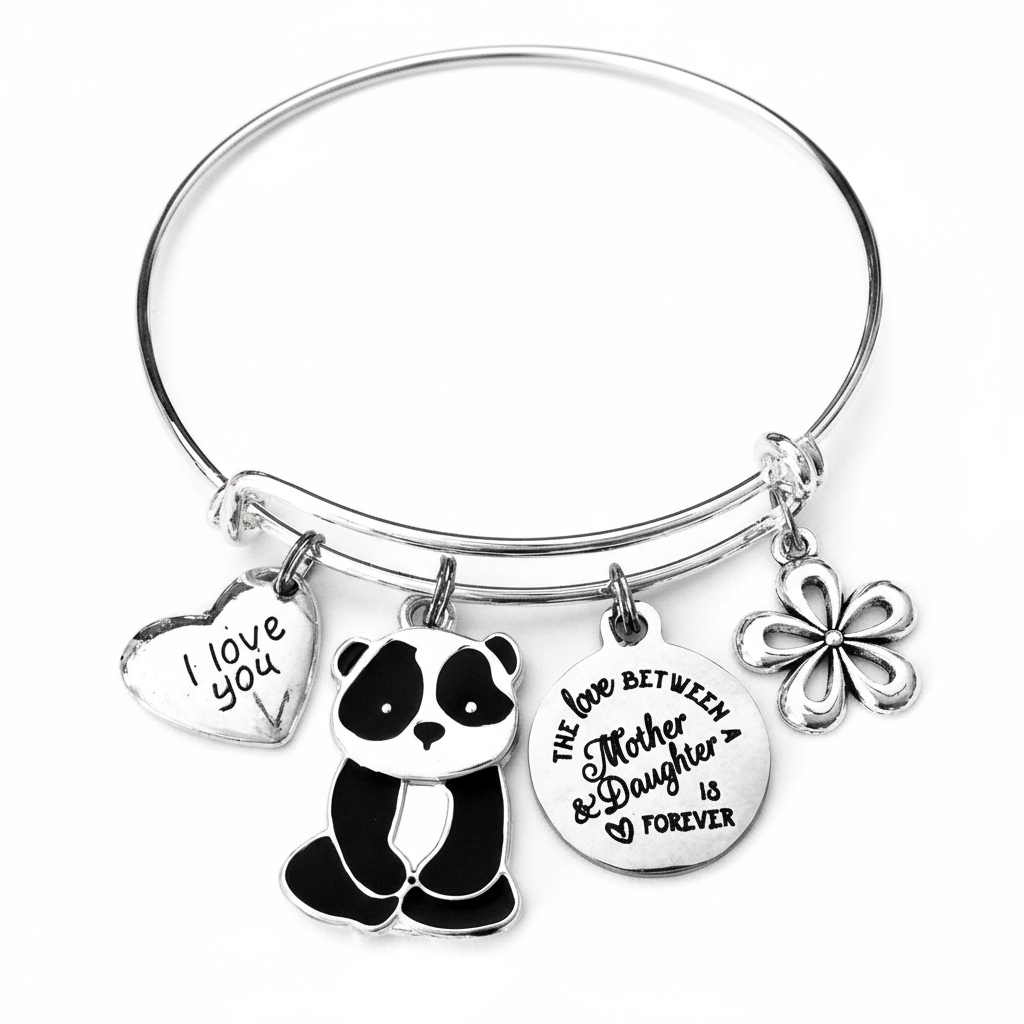 Silver expandable bangle bracelet with I love you heart charm, black and white enamel panda charm, Mother and Daughter is Forever disc charm, and open-work flower charm on white background