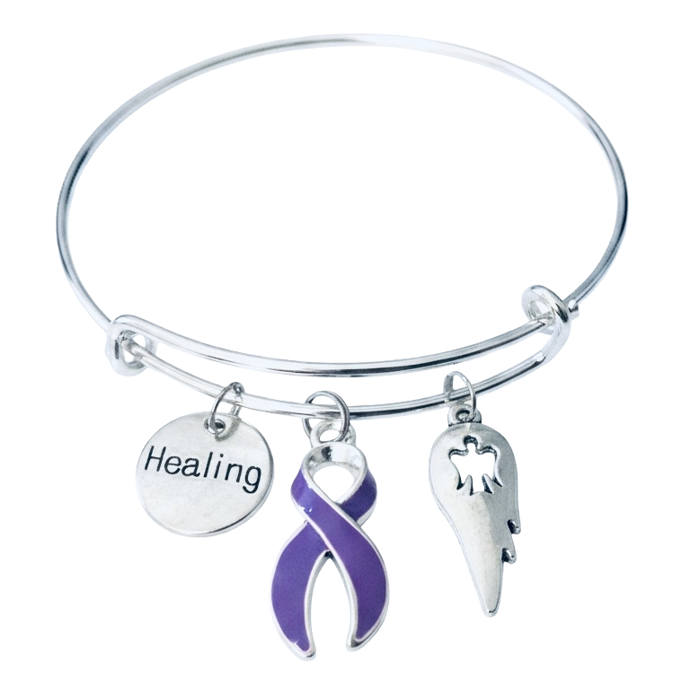 Silver expandable bangle bracelet with Healing disc charm, purple enamel awareness ribbon charm, and guardian angel wing charm on white background - Jules Obsession