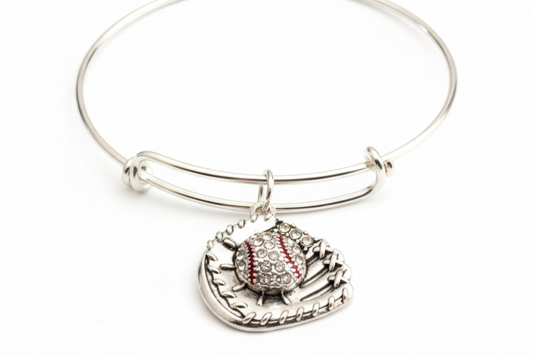 Baseball bracelet with sparkling crystal rhinestone baseball mitt charm on bright silver expandable bangle