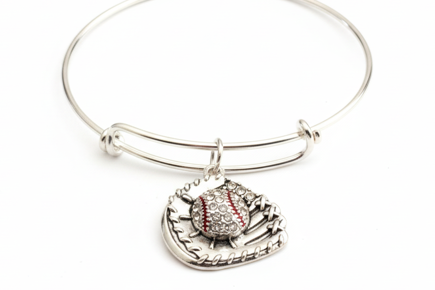 Baseball bracelet with sparkling crystal rhinestone baseball mitt charm on bright silver expandable bangle