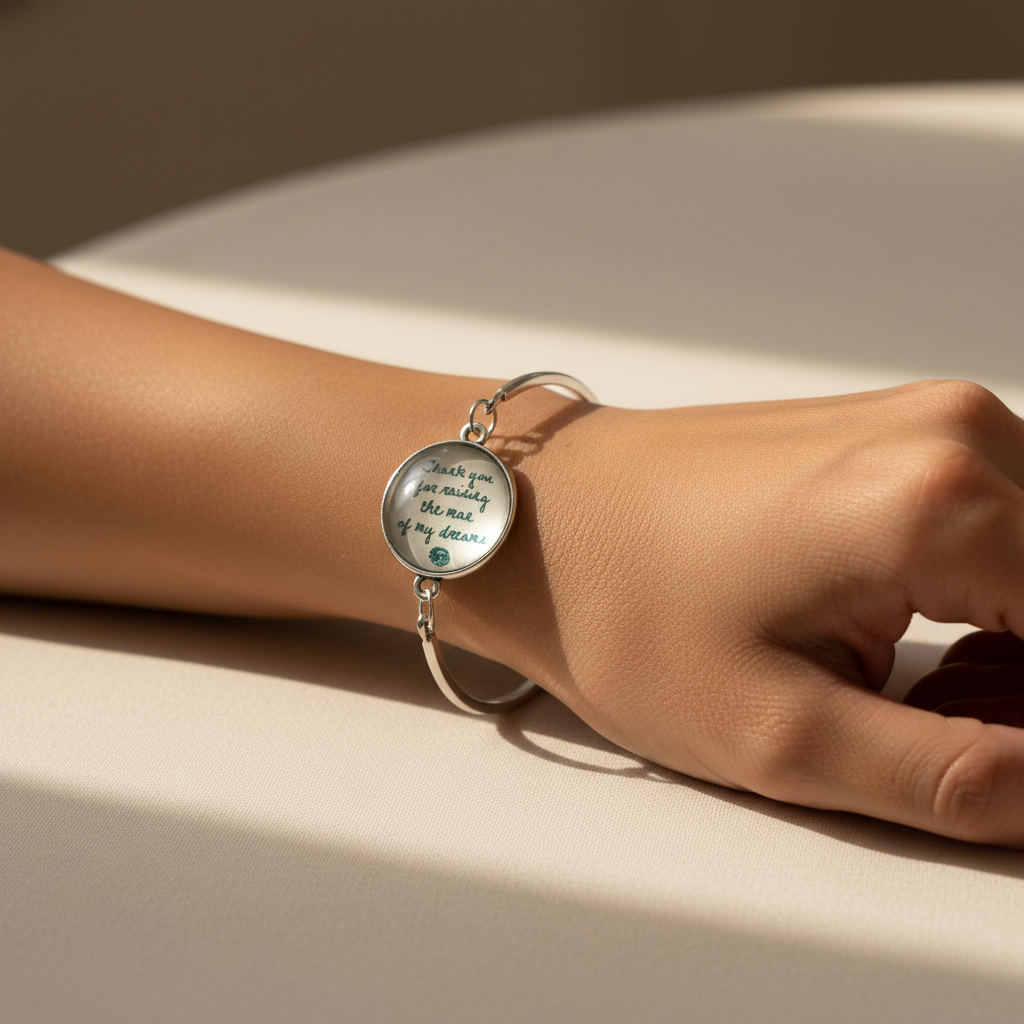 Woman wearing Thank You for Raising the Man of My Dreams silver half-bangle bracelet with glass dome charm – wedding jewelry by Jules Obsession