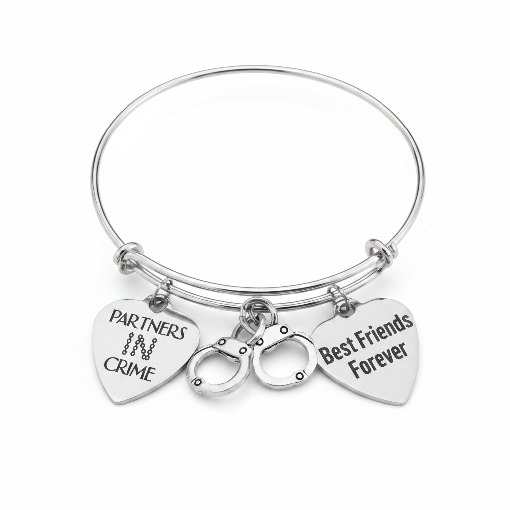 Partners in Crime and Best Friends Forever silver expandable bangle bracelet with handcuff charm on white background – Jules Obsession