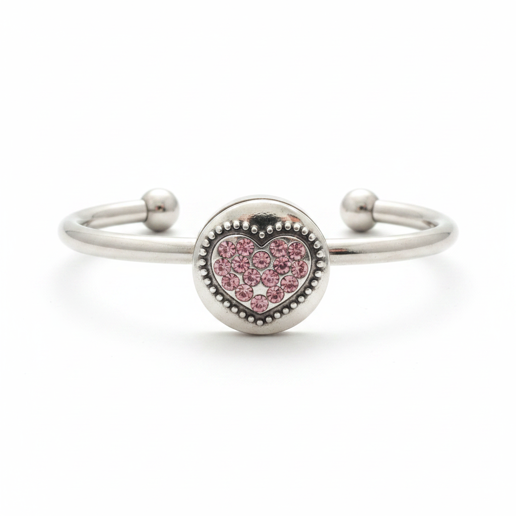 Pink crystal rhinestone heart snap bracelet in surgical stainless steel on white background – interchangeable 18mm snap charm by Jules Obsession