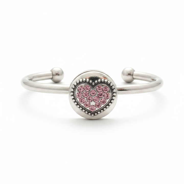 Pink crystal rhinestone heart snap bracelet in surgical stainless steel on white background – interchangeable 18mm snap charm by Jules Obsession