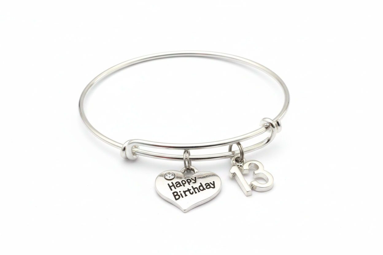 13th birthday charm bracelet with Happy Birthday heart and number 13 charms on bright silver expandable bangle