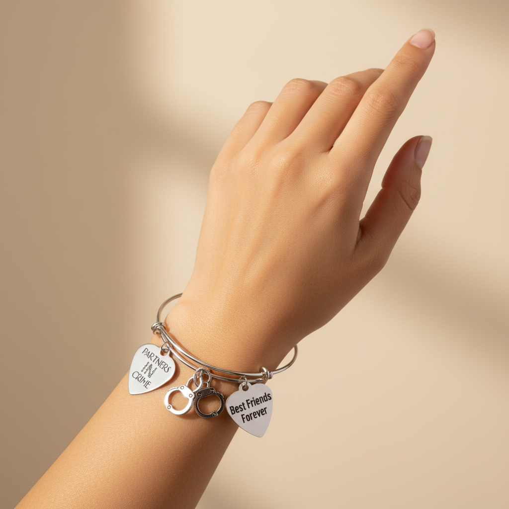 Woman wearing Partners in Crime Best Friends Forever silver charm bangle bracelet with handcuff charm – BFF friendship jewelry by Jules Obsession