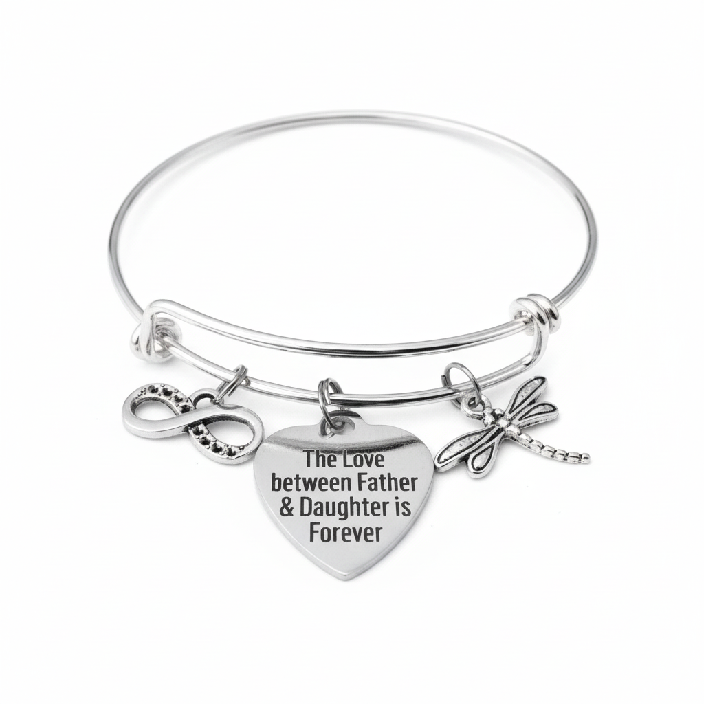 Silver expandable bangle bracelet with plain silver infinity charm, engraved Father and Daughter is Forever heart charm, and dragonfly charm on white background