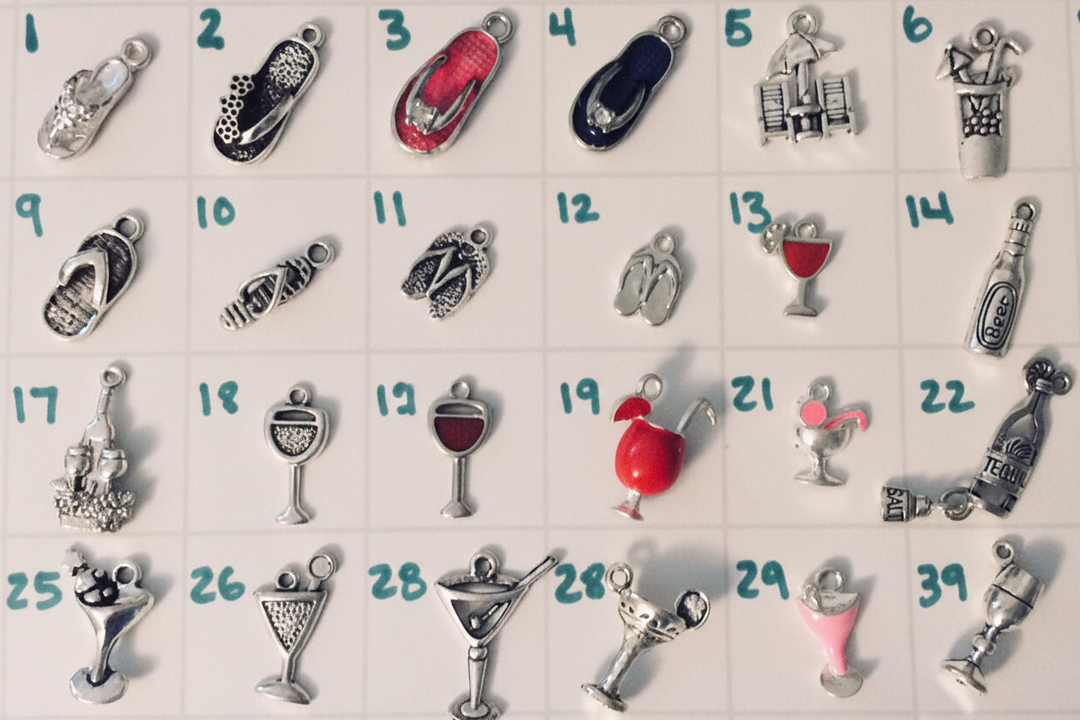 Numbered silver charm collection featuring flip flop sandals, wine glasses, martini glasses, cocktails, beer bottle, tequila bottle, and beach-themed charms — Add-a-Charm options for Jules Obsession expandable bangle bracelets