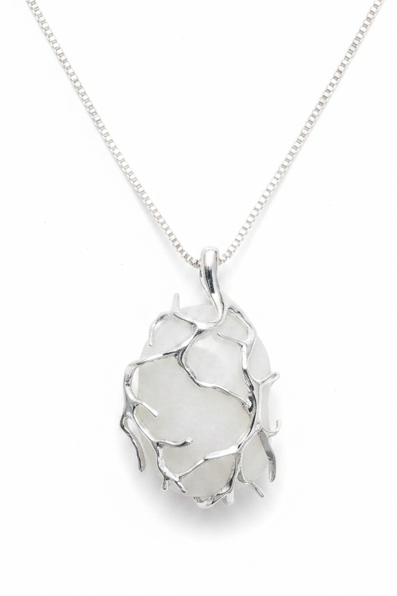 Lake Erie lucky stone necklace with smooth natural white oval stone set in an organic sterling silver cage pendant on a delicate silver box chain, handcrafted by Jules Obsession