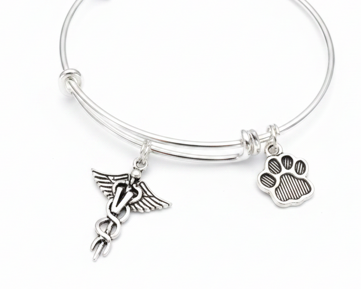 Silver expandable bangle bracelet with veterinary caduceus charm and paw print charm on white background – Jules Obsession veterinarian vet tech gift jewelry
