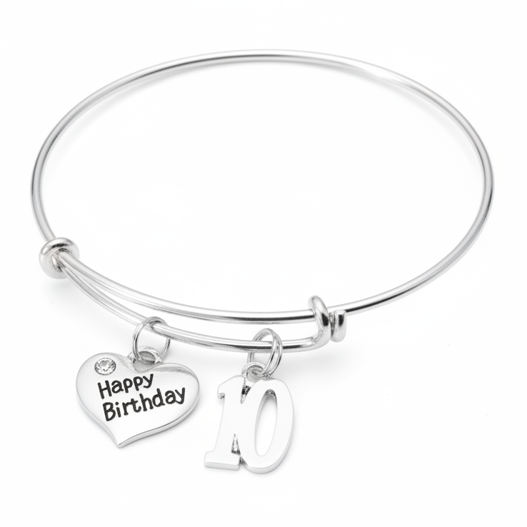 10th birthday charm bracelet with Happy Birthday heart and number 10 charms on bright silver expandable bangle double digits