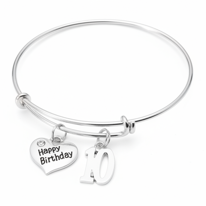 10th birthday charm bracelet with Happy Birthday heart and number 10 charms on bright silver expandable bangle double digits