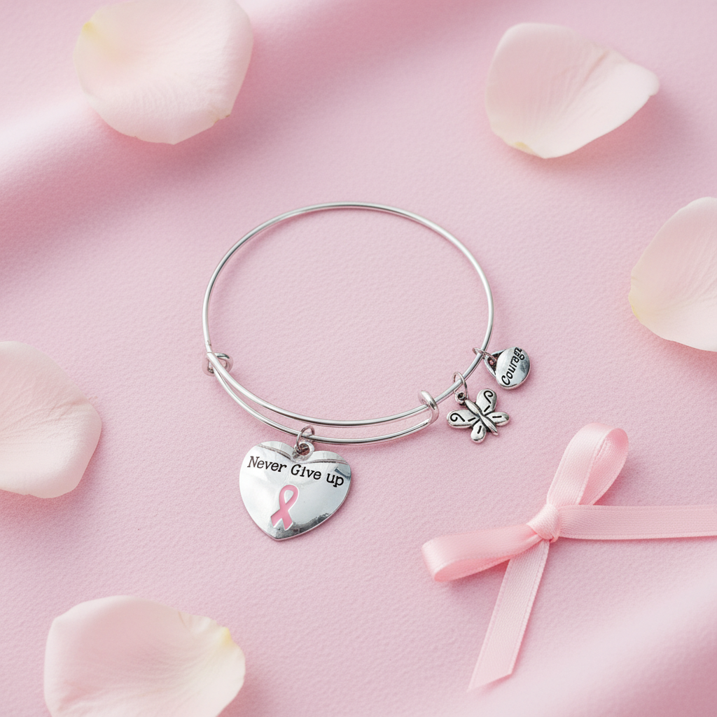 Flat lay of silver pink ribbon Never Give Up charm bracelet on pink fabric with rose petals — breast cancer awareness jewelry gift by Jules Obsession