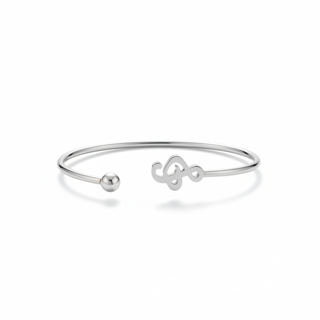 Treble clef and ball-end stainless steel open cuff bangle bracelet on white background – Jules Obsession
