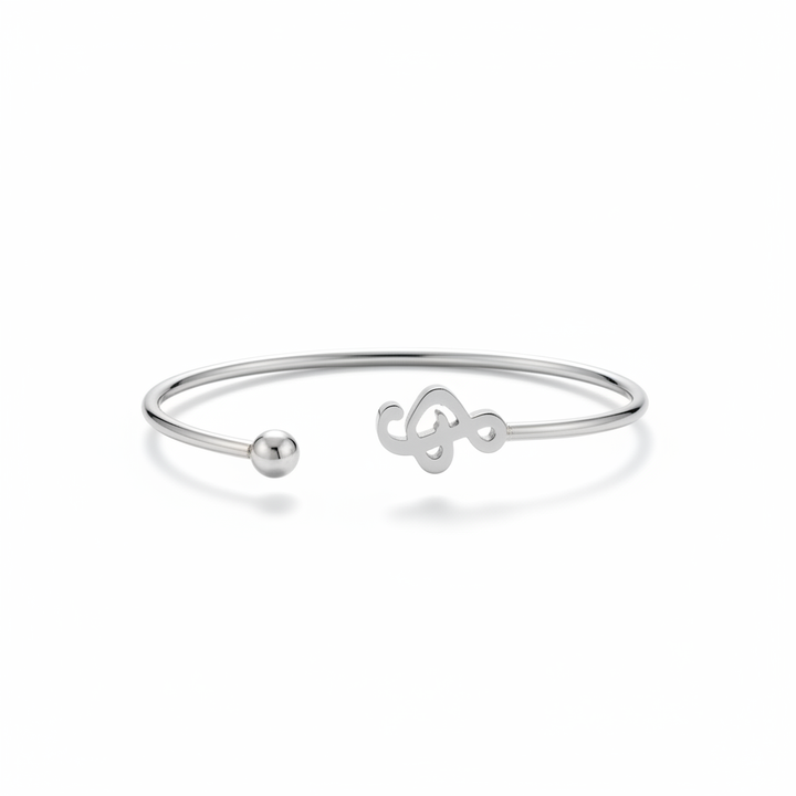 Treble clef and ball-end stainless steel open cuff bangle bracelet on white background – Jules Obsession