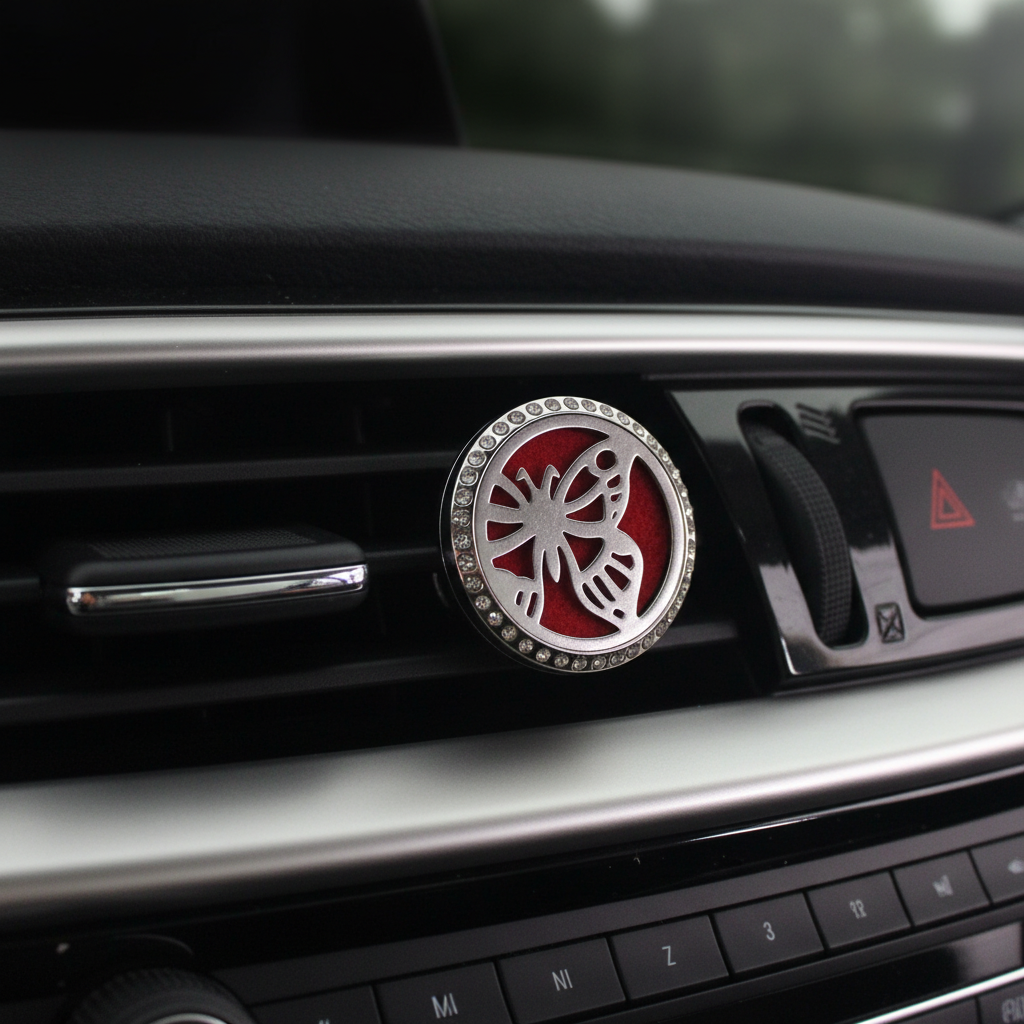 Silver butterfly essential oil car diffuser locket with crystal rhinestone border clipped to black car air vent
