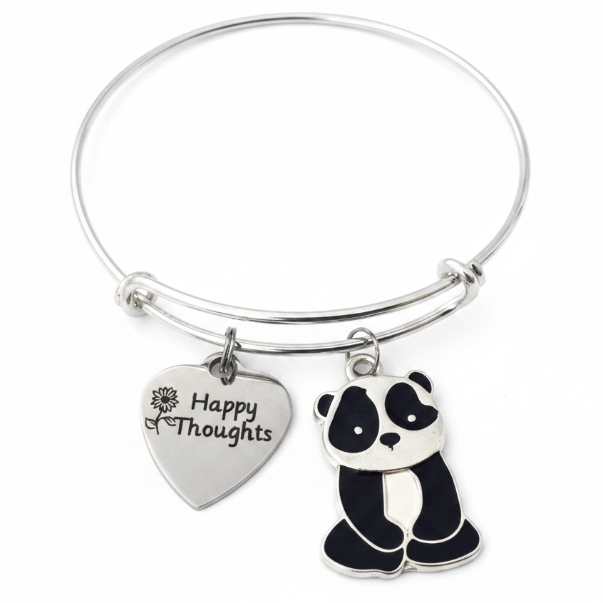 Silver expandable charm bangle bracelet with Happy Thoughts engraved sunflower heart charm and black and white enamel panda bear charm, handcrafted by Jules Obsession