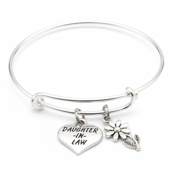 Silver expandable bangle bracelet with Daughter In Law heart charm and daisy flower charm