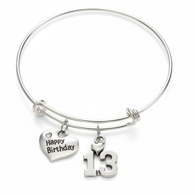 Silver expandable bangle bracelet with two charms: silver heart charm engraved Happy Birthday with crystal accent and silver number 13 charm with tiny heart detail — adjustable stackable 13th birthday gift bracelet for teen girls