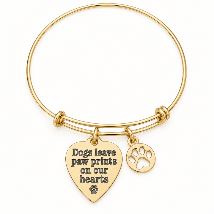 Gold bangle bracelet with a heart charm engraved Dogs leave paw prints on our hearts and a round paw print charm, shown on a warm-white studio background