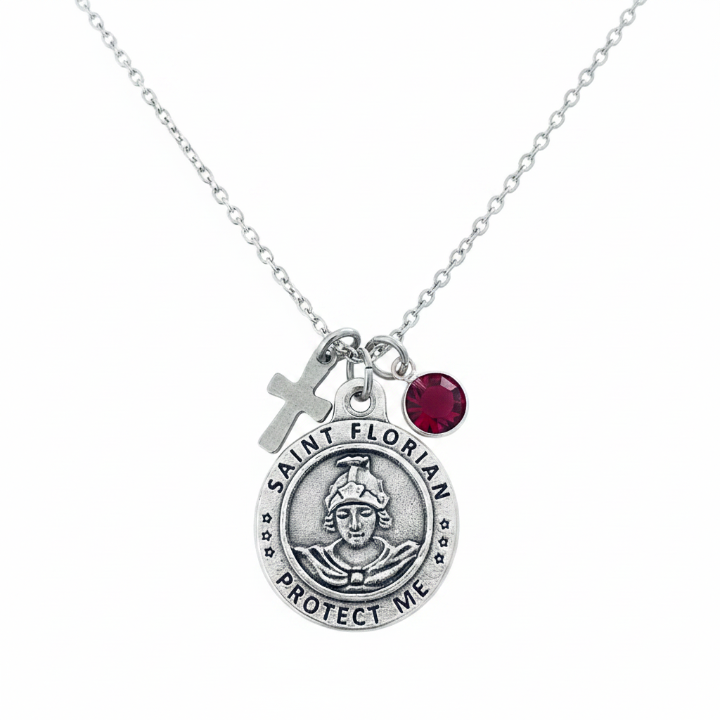 Saint Florian Protect Me silver medal charm necklace with small silver cross charm and ruby red faceted crystal birthstone on a delicate silver cable chain, white studio background