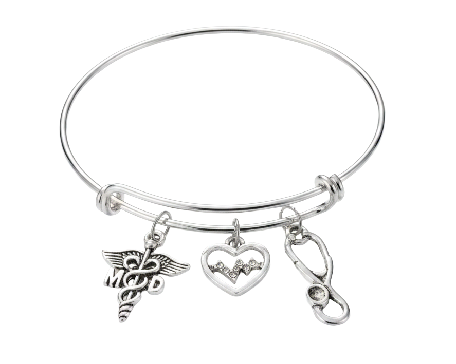 MD Doctor Charm Bracelet | Caduceus, Stethoscope &amp; EKG Silver Bangle