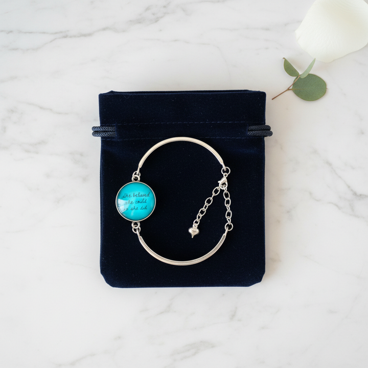 She Believed She Could So She Did quote cuff bracelet gift-ready in dark velvet jewelry pouch – silver bangle by Jules Obsession