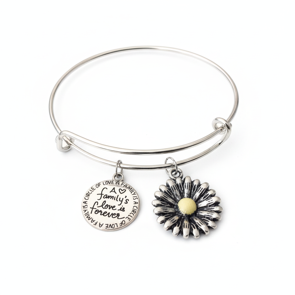 Silver expandable bangle bracelet with Family Love Forever engraved charm and daisy flower charm