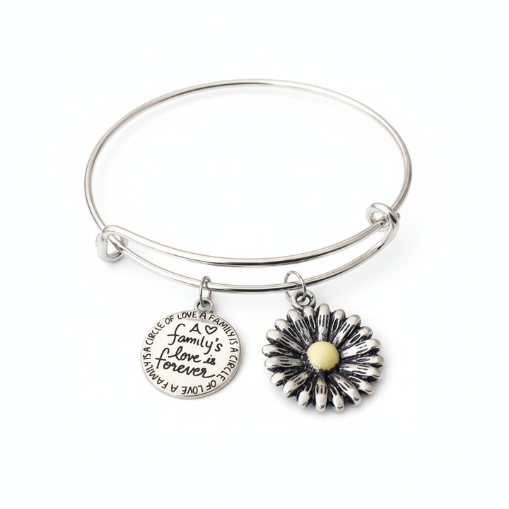 Silver expandable bangle bracelet with Family Love Forever engraved charm and daisy flower charm