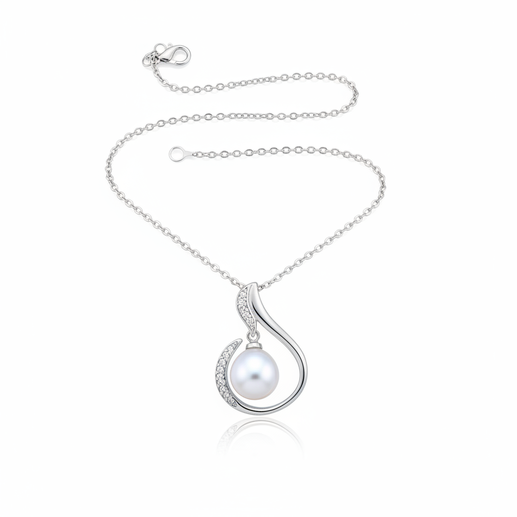 8mm pearl pendant necklace in 925 sterling silver with sparkling crystals, 22x16mm pendant on 18 inch chain, elegant curved design
