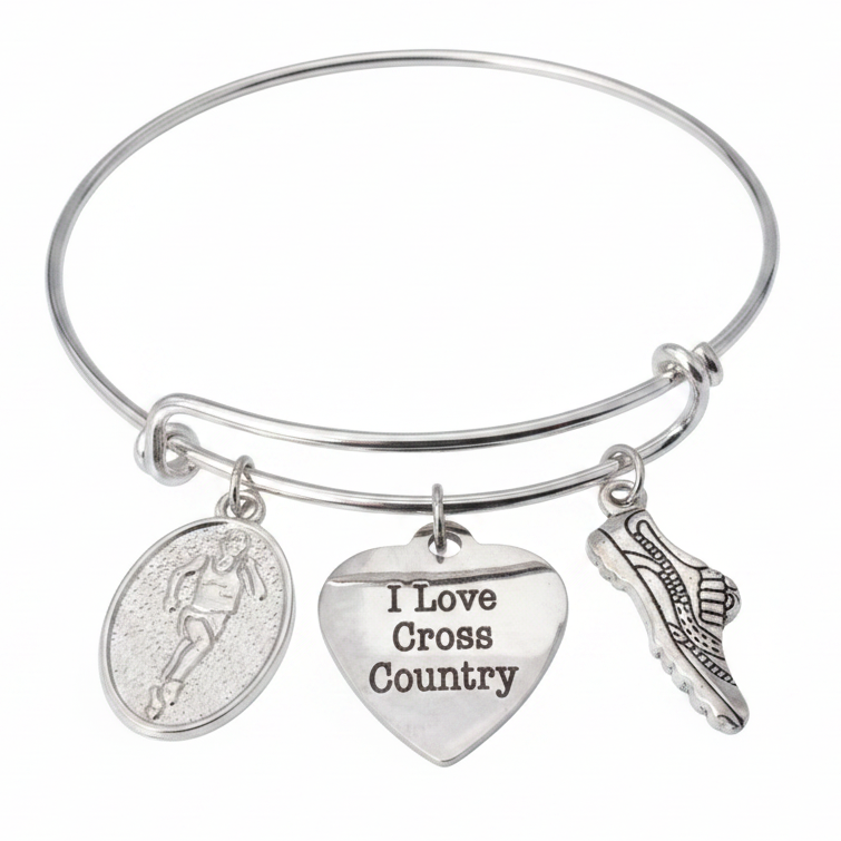 Silver expandable bangle bracelet with I Love Cross Country heart charm, female runner medallion charm, and running shoe charm on white background – Jules Obsession cross country runner gift jewelry