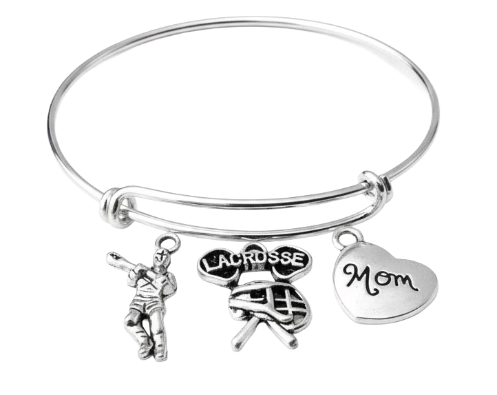 Lacrosse Mom Bracelet | Player, Crossed Sticks &amp; Mom Heart Charm Bangle | Lax Mom Gift