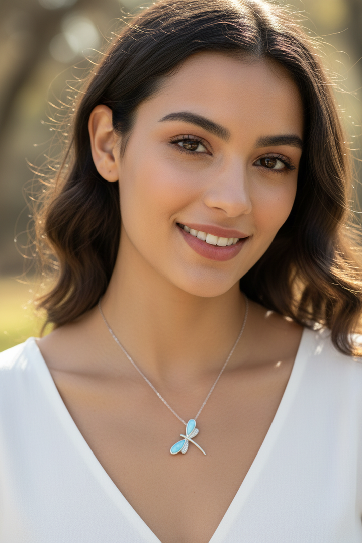 Genuine Dominican Larimar Dragonfly Necklace in 925 Sterling Silver | Nature-Inspired Jewelry