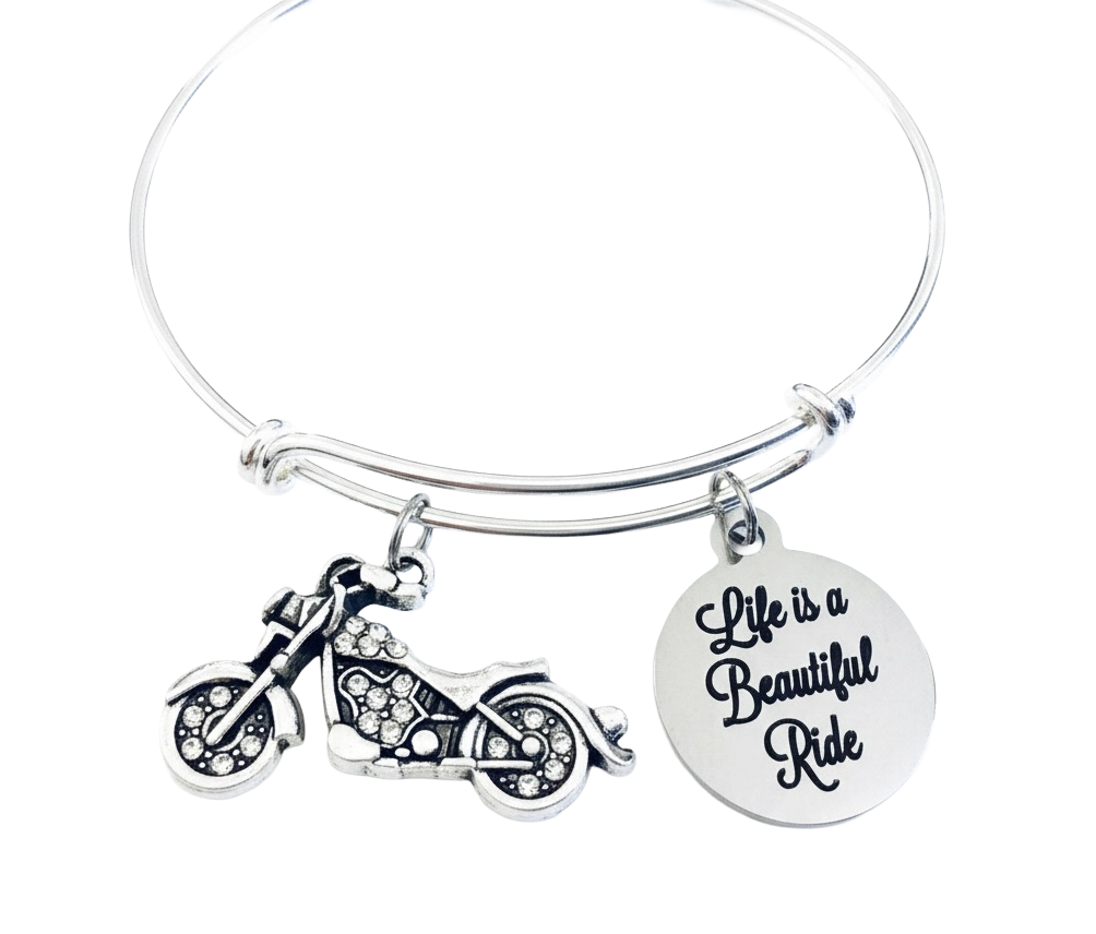 Life is a Beautiful Ride Motorcycle Charm Bracelet | Crystal Rhinestone Biker Jewelry | Adjustable Silver Bangle | Gift for Women Riders