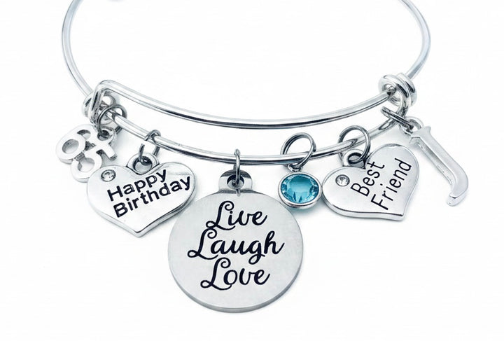65th Birthday Gift for Best Friend – Live Laugh Love Charm Bangle Bracelet, Personalized Initial &amp; Birthstone