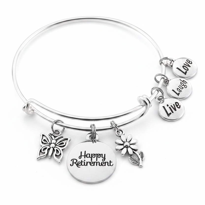 Silver expandable charm bracelet with Happy Retirement disc, butterfly, daisy flower and Live Laugh Love charms – adjustable bangle retirement gift for women by Jules Obsession

