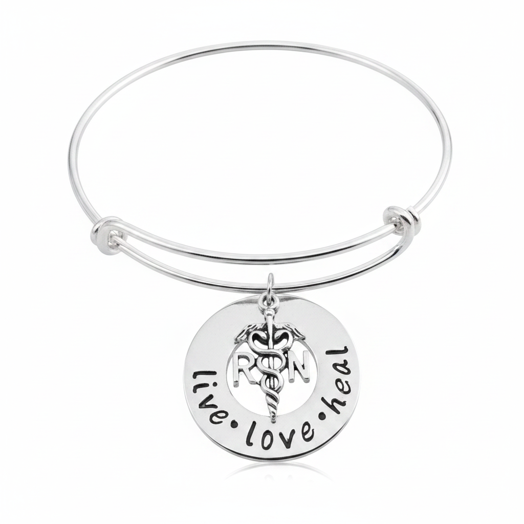 Live Love Heal RN nurse silver expandable bangle bracelet featuring large round disc charm stamped with live love heal and RN caduceus medical symbol 