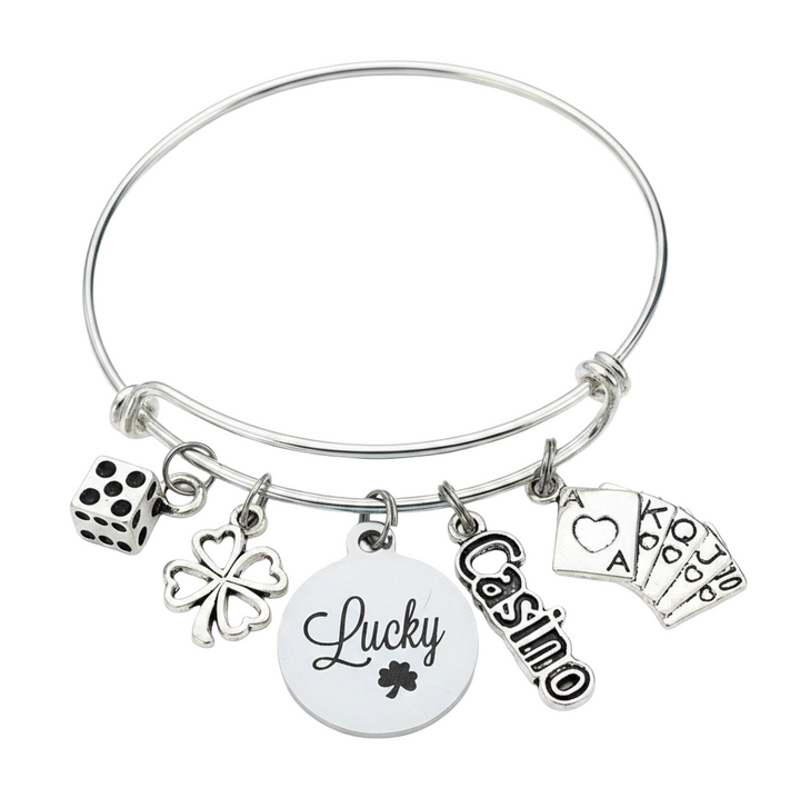 Lucky Casino Charm Bracelet | Dice, Four Leaf Clover, Lucky Disc &amp; Playing Cards Silver Bangle