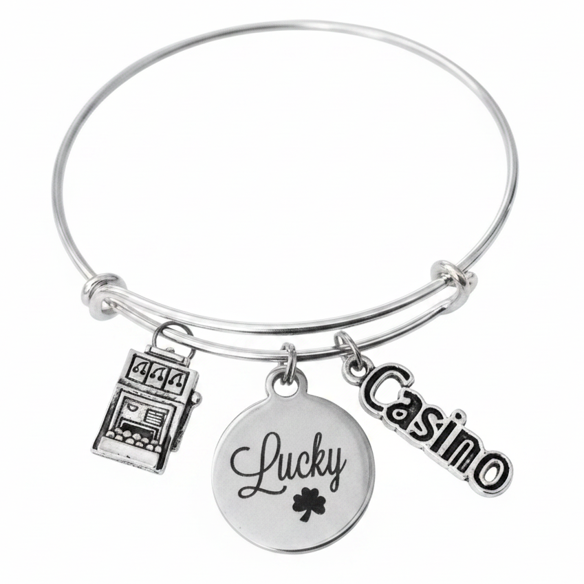 Lucky Casino Charm Bracelet with slot machine, Lucky engraved clover disc and Casino script text charms — silver expandable bangle gambling jewelry gift by Jules Obsession