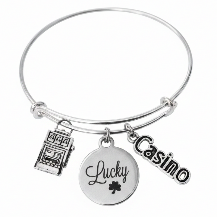 Lucky Casino Charm Bracelet with slot machine, Lucky engraved clover disc and Casino script text charms — silver expandable bangle gambling jewelry gift by Jules Obsession