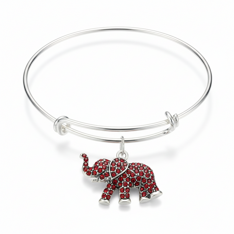 Elephant Gift Bracelet | Lucky Garnet Crystal Charm | Silver Expandable Bangle