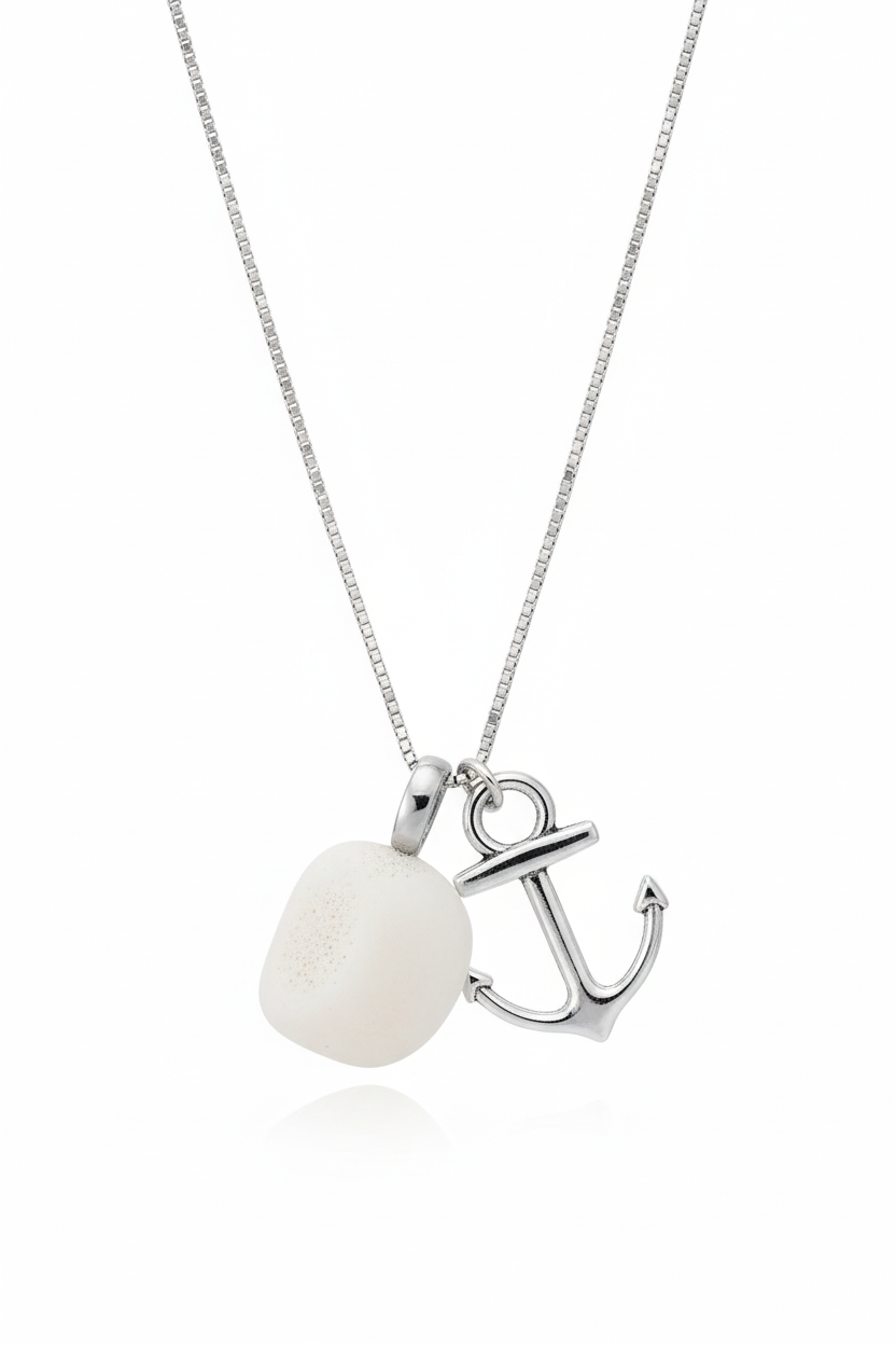 Lucky Stone Anchor Necklace - Genuine Lake Erie Sheepshead Bone - Nautical Good Luck Charm Gift