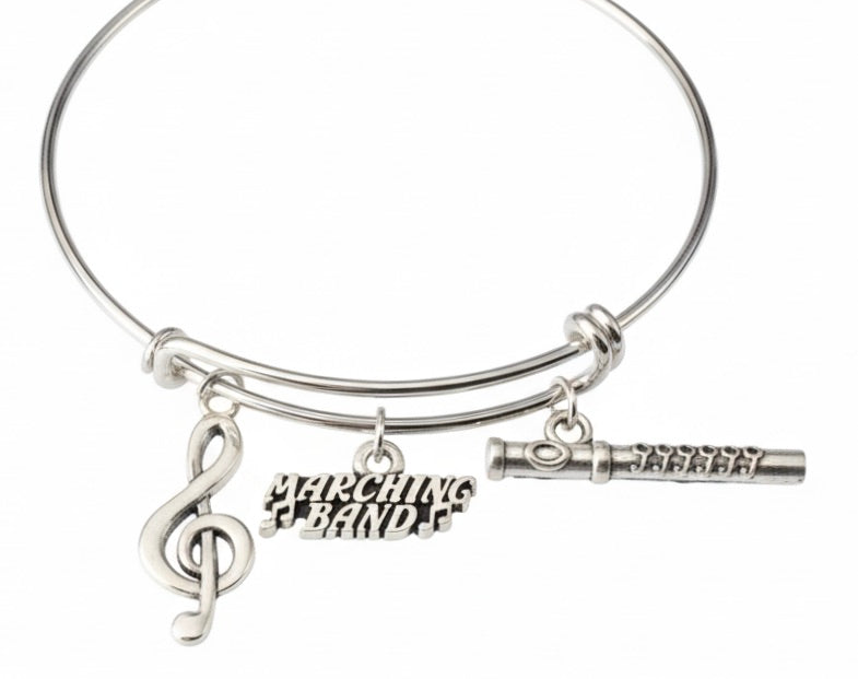 Marching Band Flute Bracelet - Musical Notes Charm | Adjustable Silver Bangle Gift for Musicians