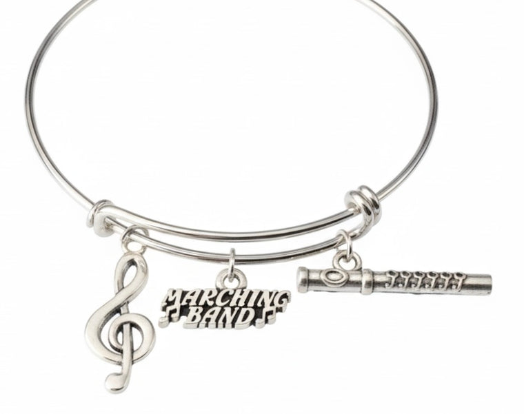 Marching Band Flute Bracelet - Musical Notes Charm | Adjustable Silver Bangle Gift for Musicians